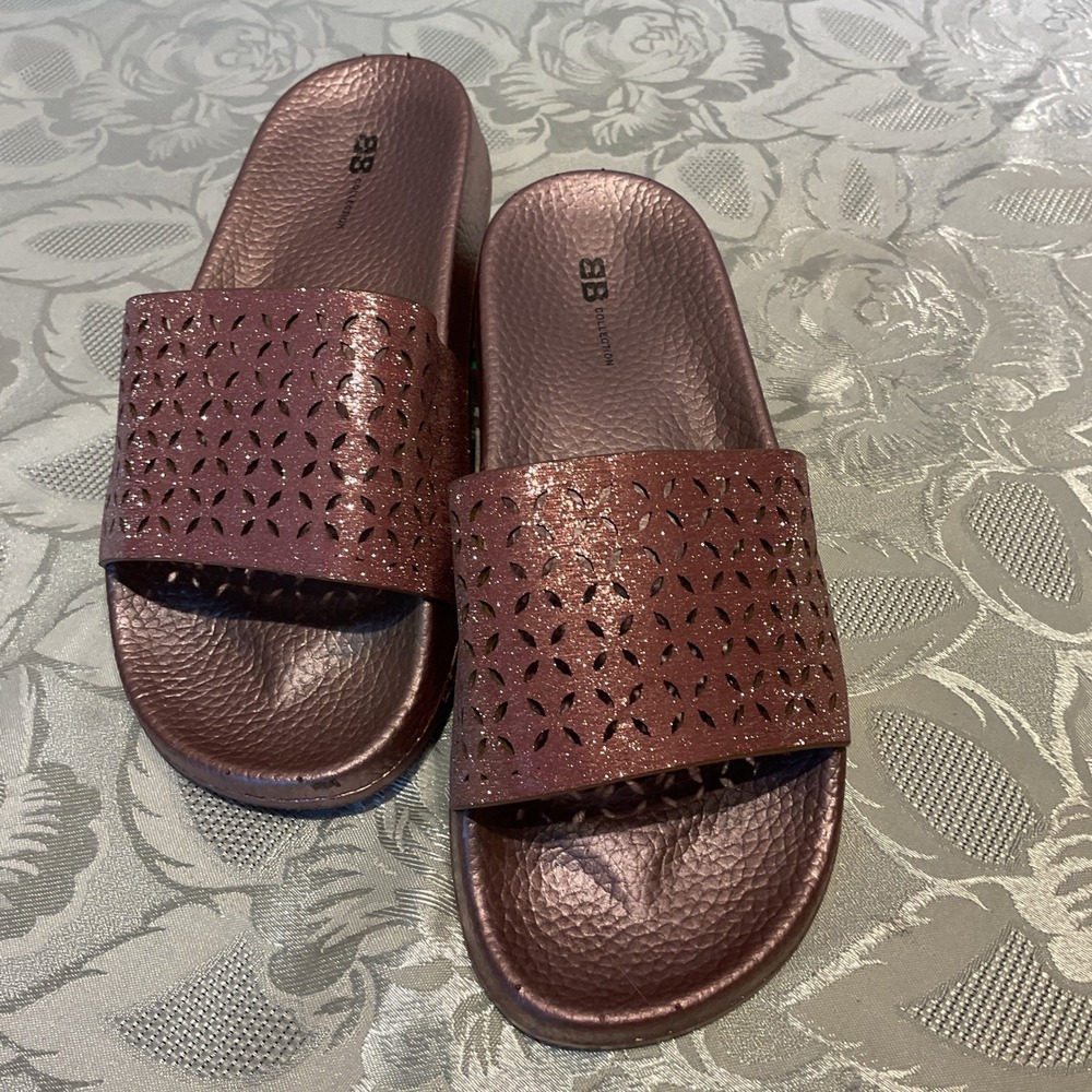 BB Collection Slide Sandals Womens 37 Rose Gold Excellent Glitter Laser Cut